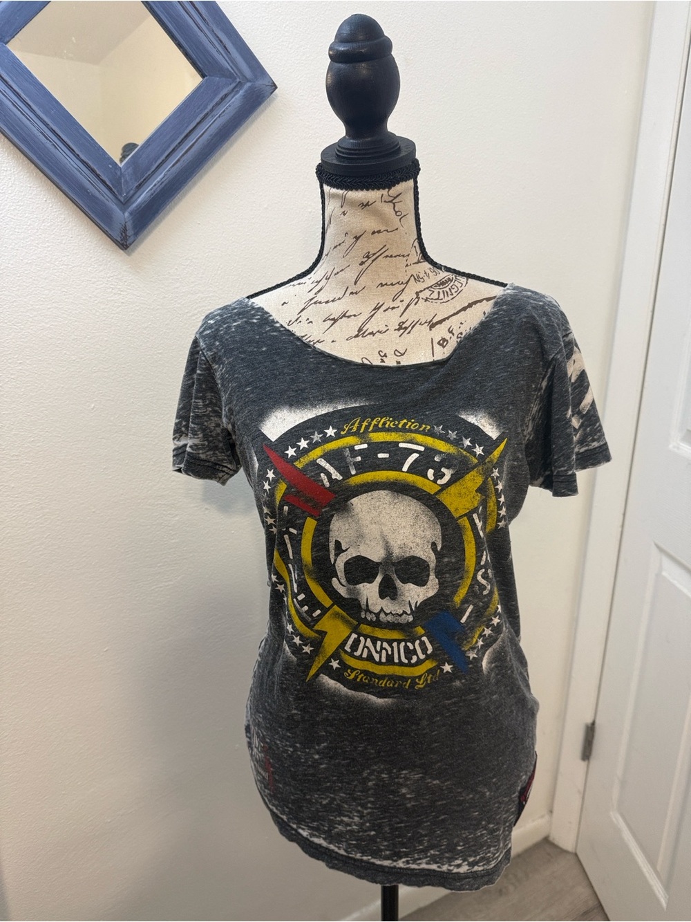 Affliction Women's Charcoal Tee with Yellow & Red Skull Crest